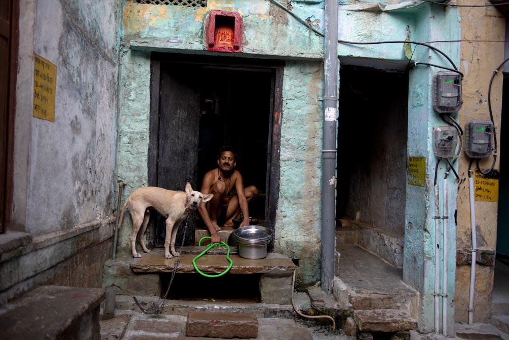 Scène de rue. Street photographie. Un homme et son chien nous regardent. Couleurs. Bénarès. Varanasi. François Guibilato Photographe.